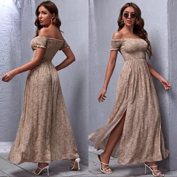 Dresses & Skirts - Off Shoulder Shirred Bodice M-Slit Hem Dit…